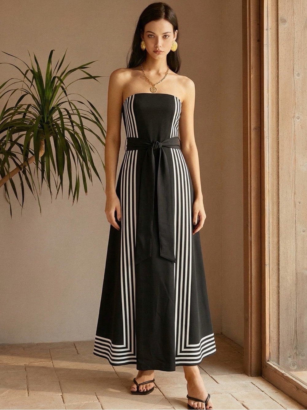 Commense Black and White Strapless Belted Maxi Dress